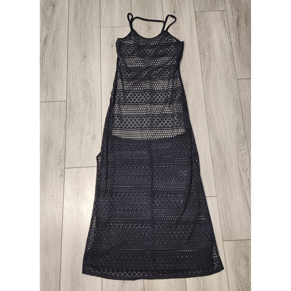 Joe & Elle Black Crochet Lace Maxi Dress Tan Lining Side Slits Medium Boho Beach